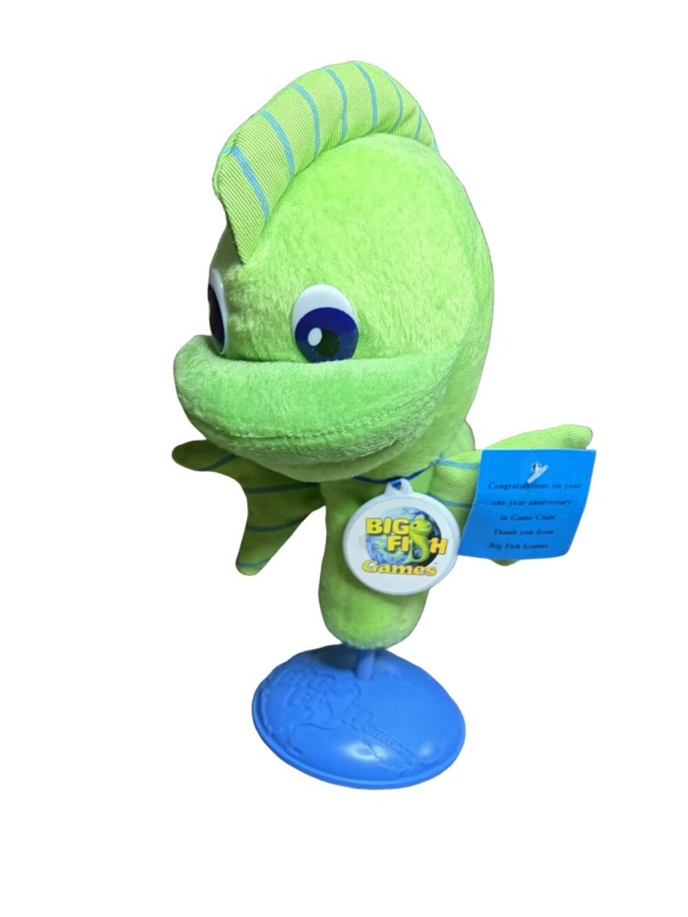 Big Fish Games 1 Year Anniversary Green Fish Mascot Plush w/ Stand NWT 9"